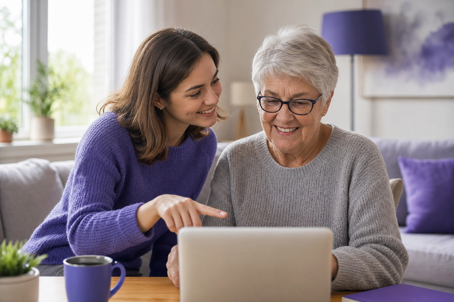 A friendly person leaning in to help an older adult on their laptop