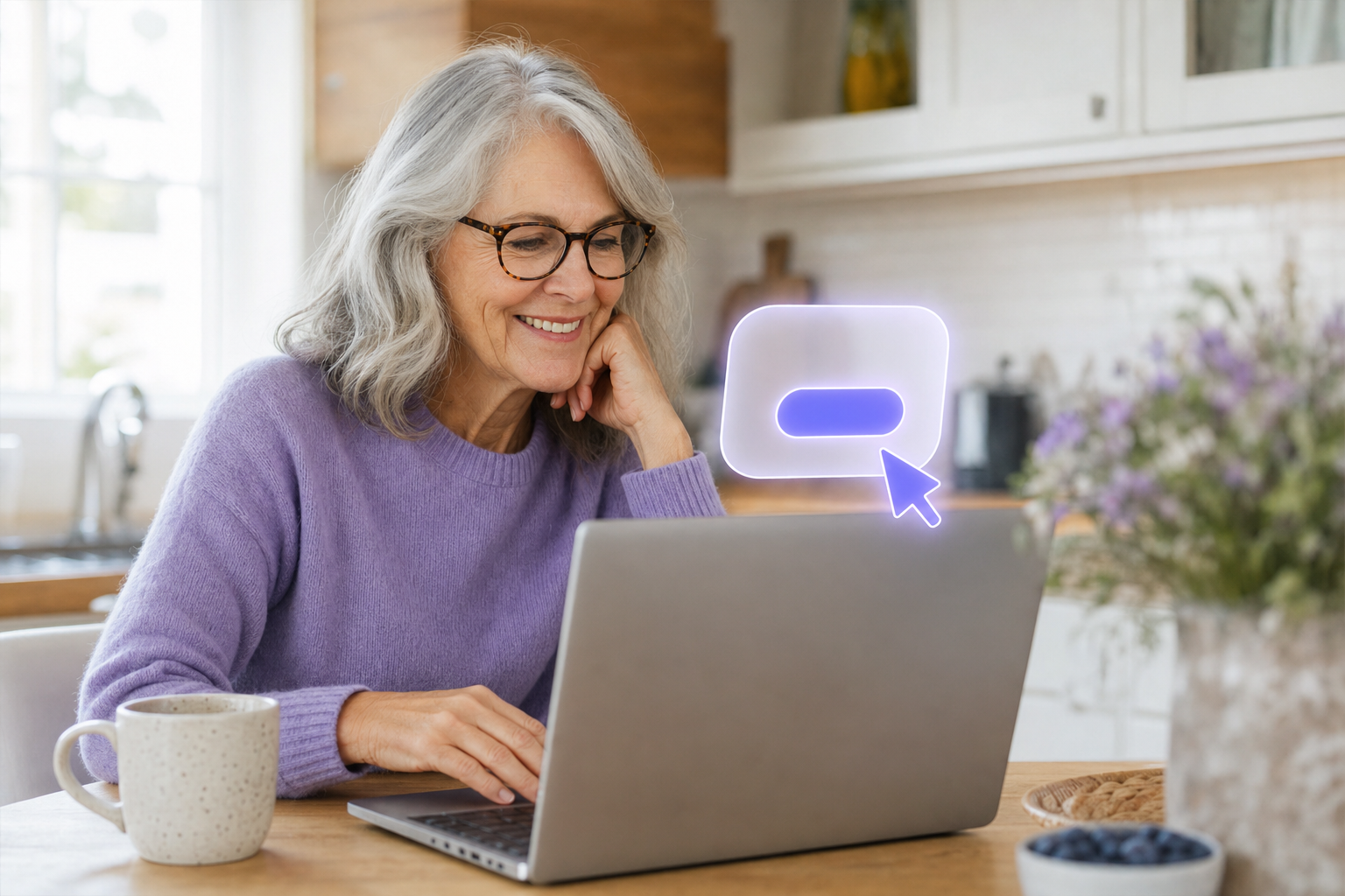 A person smiling at their laptop while a glowing pointer and speech bubble guide them on screen
