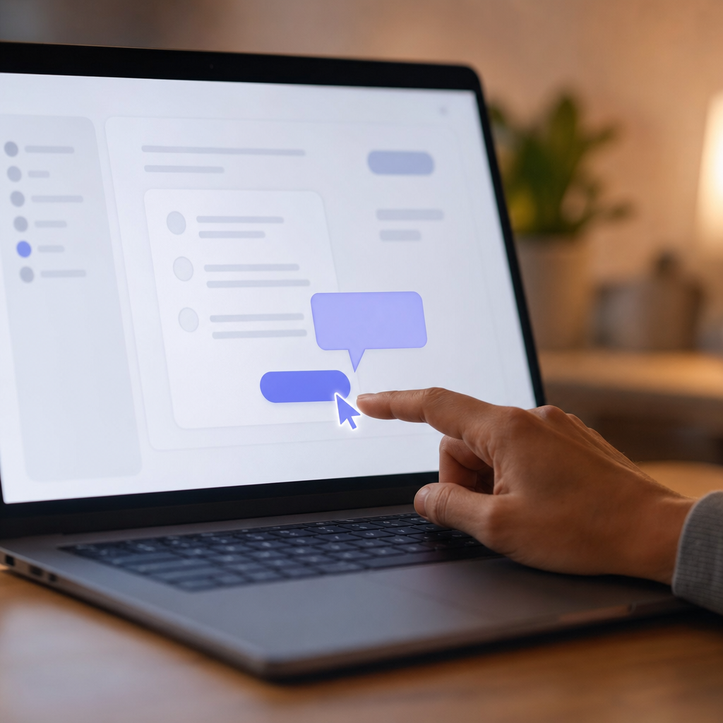 A glowing pointer and speech bubble on a laptop screen with a finger about to click