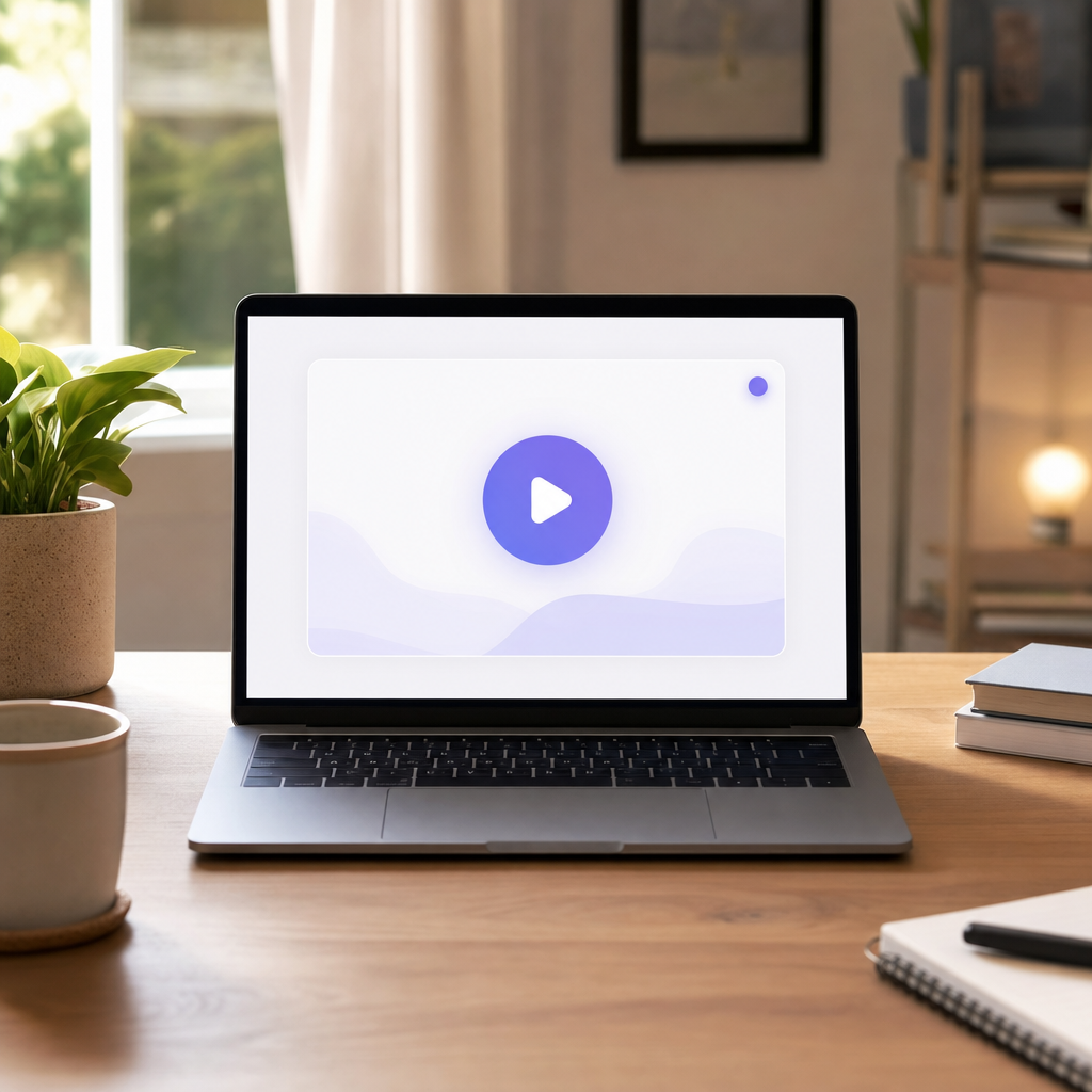 A laptop on a desk showing the Player app with a Start button