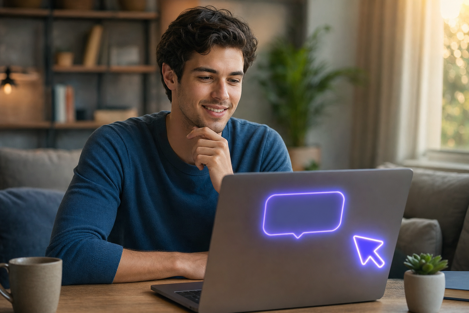 A relaxed person following a glowing on-screen pointer and speech bubble on their laptop