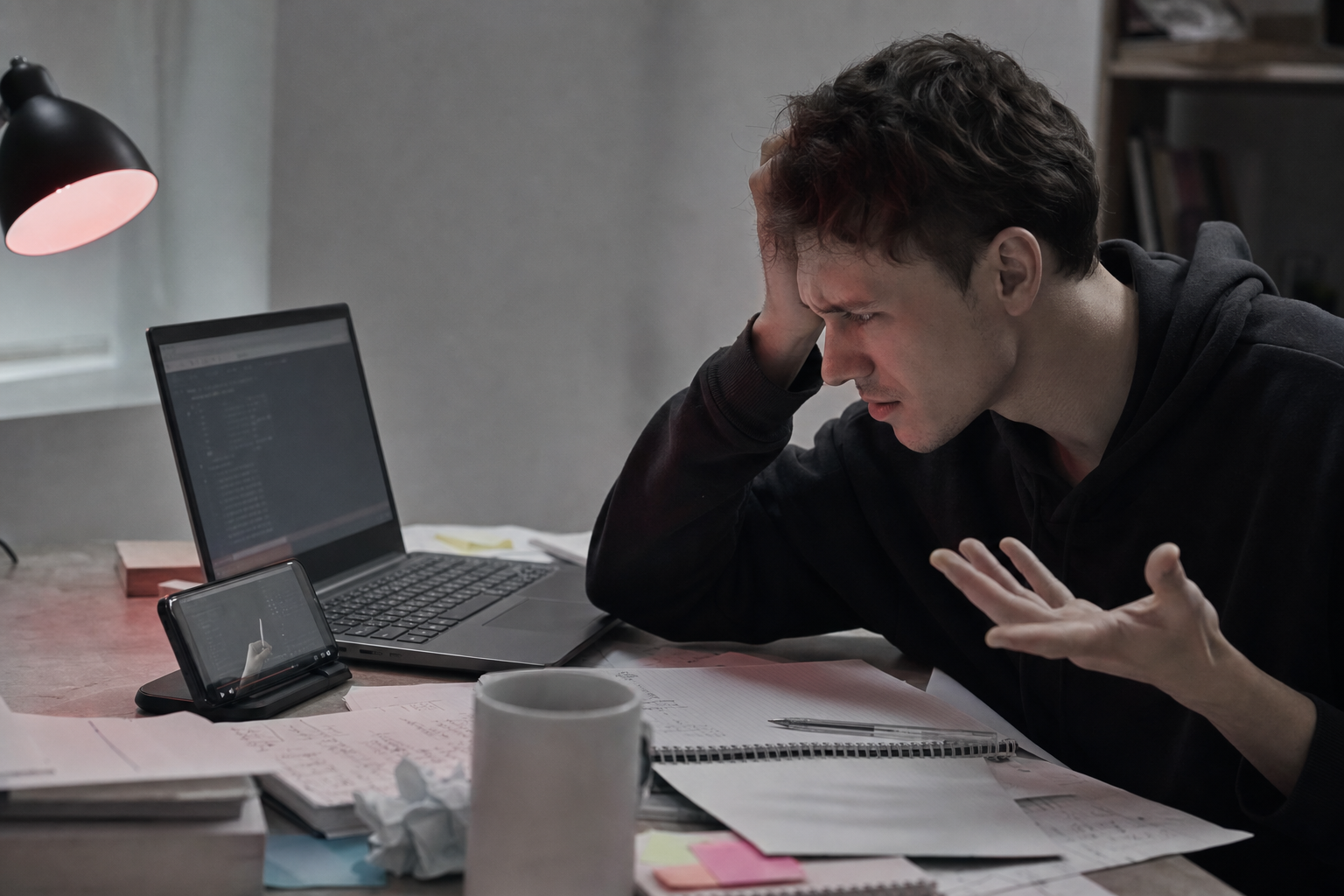 A frustrated person trying to follow a tutorial video on a phone beside their laptop